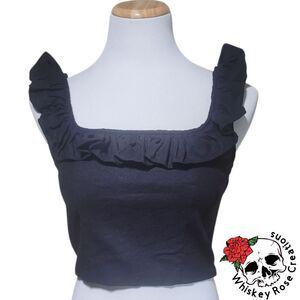 Express Linen-Blend Ruffle Cutout Back Peplum Tank Womens XS Black Top 028631050